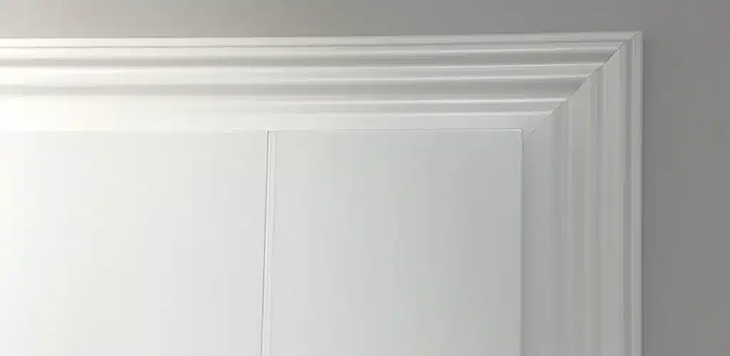 Weiße Wand trifft auf Decke mit Zierleisten und Türzargen.