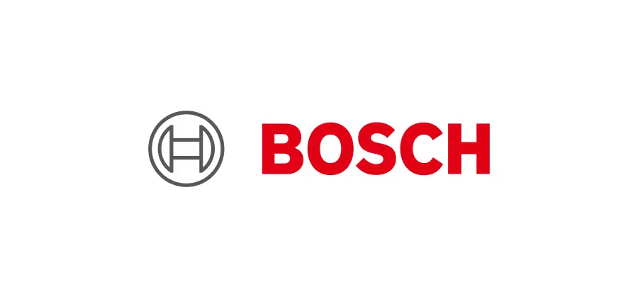 Das Bild zeigt das Logo von Bosch, einer bekannten Marke, mit einem stilisierten „h“ in einem Kreis auf der linken Seite und dem Wort „BOSCH“ in roten Großbuchstaben darauf