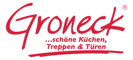 Logo von Groeneck mit stilisiertem roten Text, das möglicherweise ein Unternehmen darstellt, das auf Küchen, Treppen, Türen und Website-Navigation spezialisiert ist.