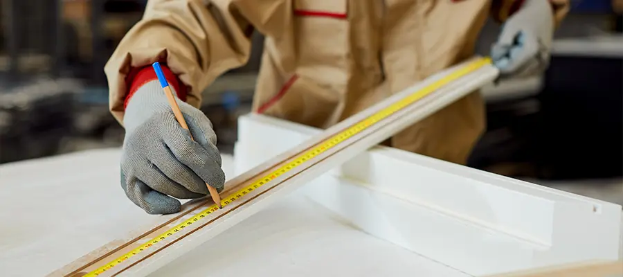 Eine Person in Arbeitskleidung misst in einem Innenraum ein Stück weißen Stoff mit einem Maßband.
