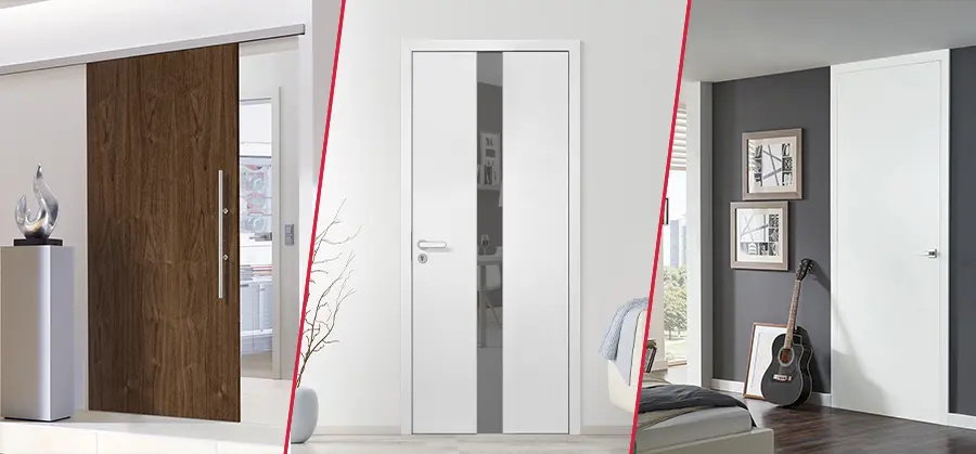 Drei verschiedene Arten von Innentüren, die in einer modernen Wohnumgebung installiert werden, mit unterschiedlichen Designs und Ausführungen.